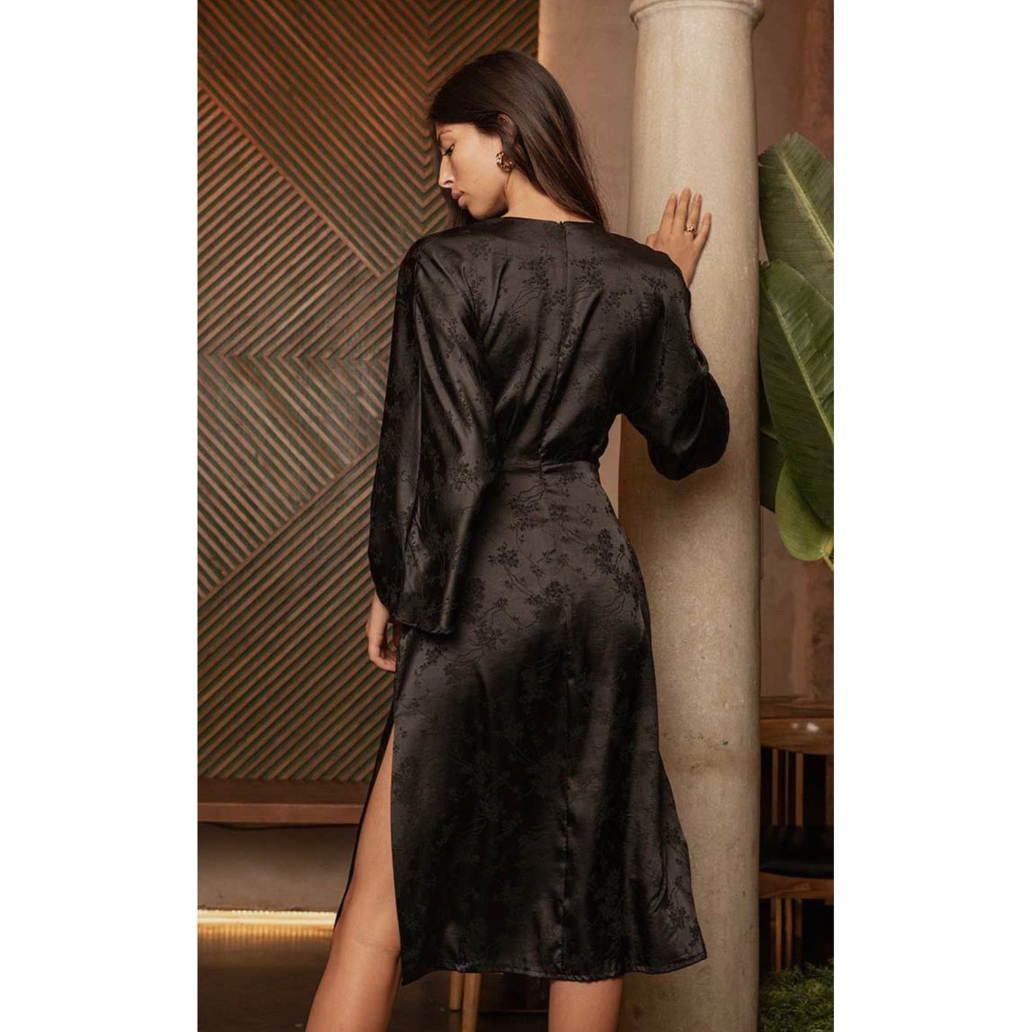 Black Slip Women Midi Wrap Dress Chinese Kaftan Dress