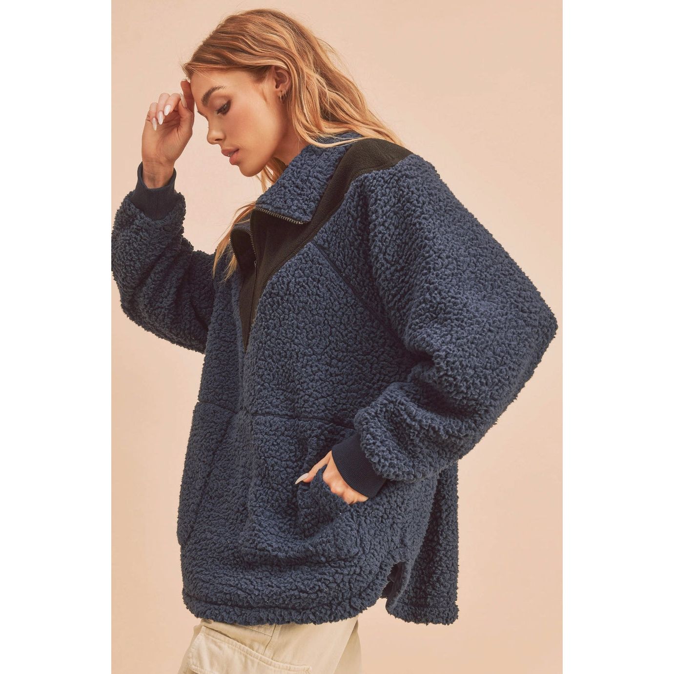 Shearling Coat Jacket Fleece Pullover Women's Jacket Ireland Navy and Black