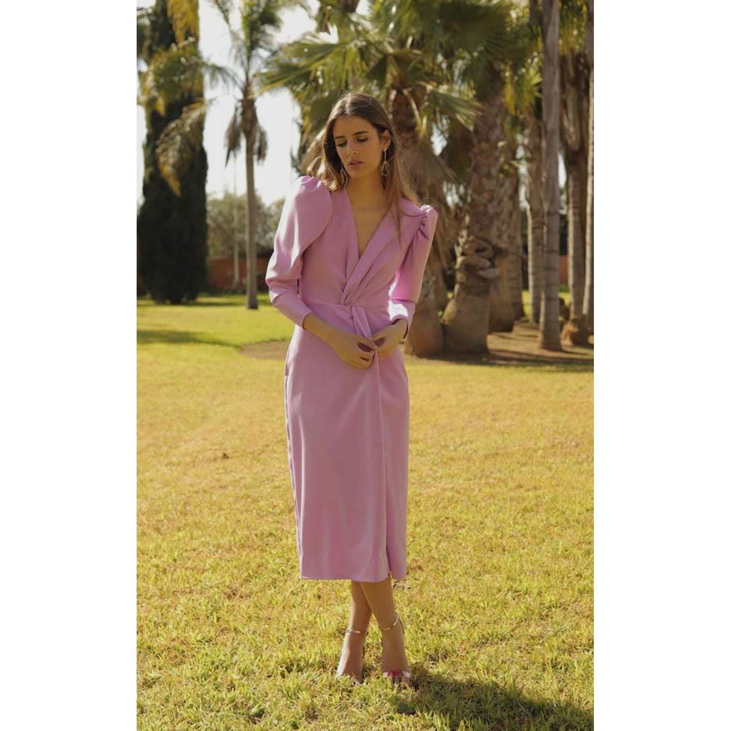 Womens Dress Pink Dress Puff Sleeve Midi Dress