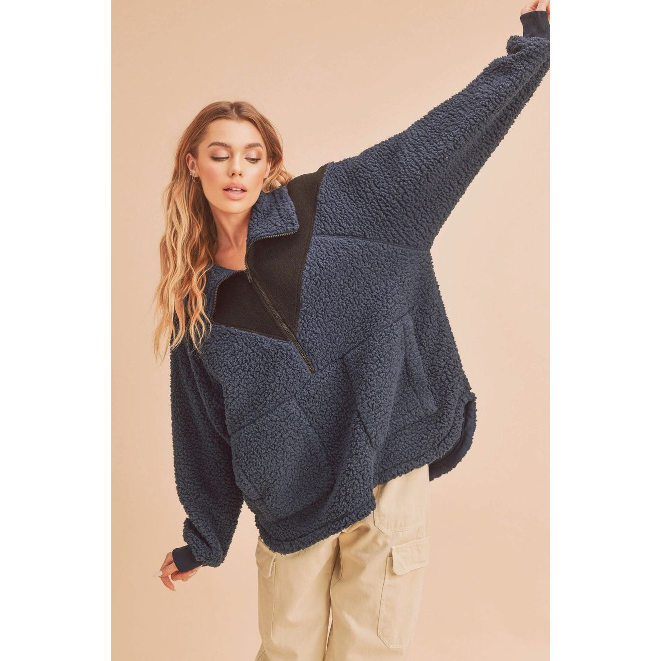 Shearling Coat Jacket Fleece Pullover Women's Jacket Ireland Navy and Black