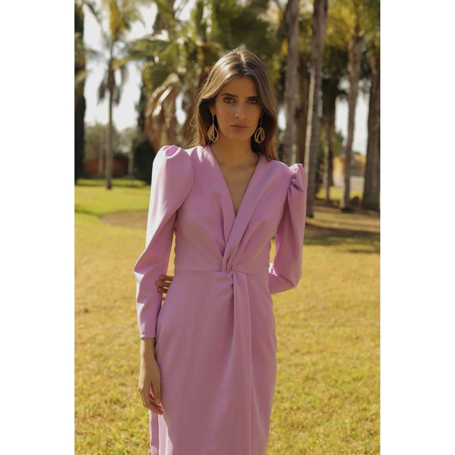 Womens Dress Pink Dress Puff Sleeve Midi Dress