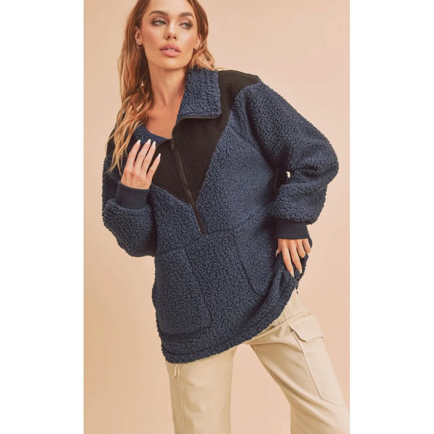 Shearling Coat Jacket Fleece Pullover Women's Jacket Ireland Navy and Black