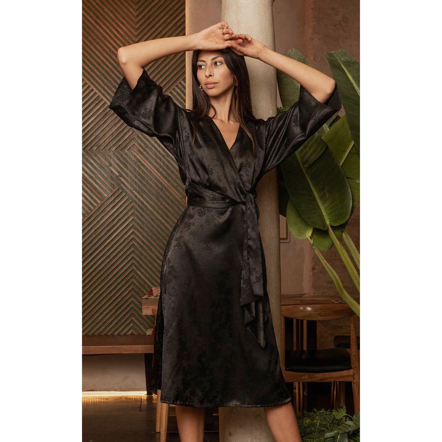 Black Slip Women Midi Wrap Dress Chinese Kaftan Dress