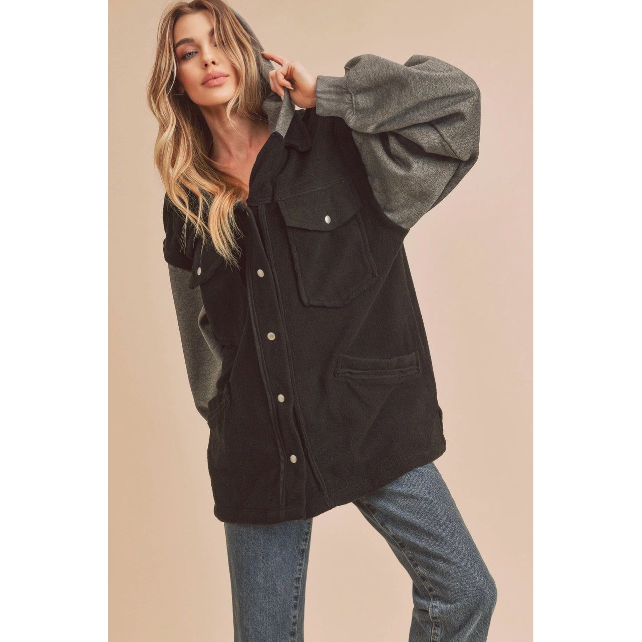 Hooded Fleece Women's Jacket Outerwear Black and Grey