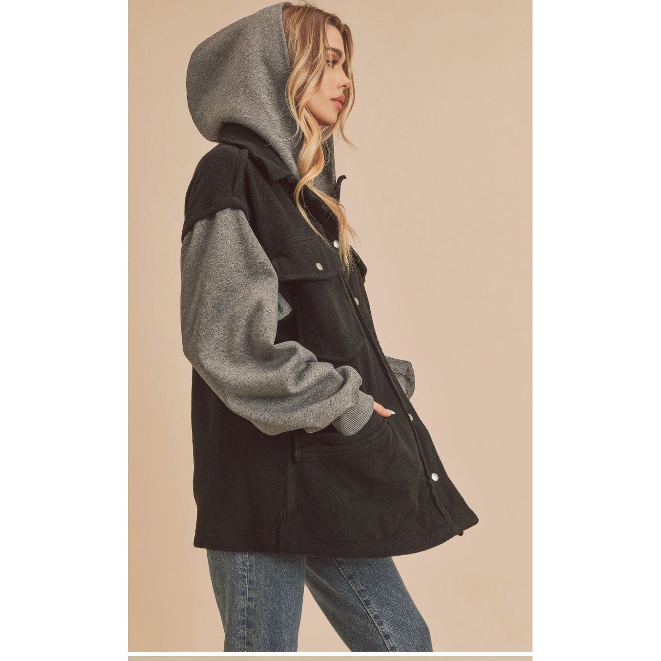 Hooded Fleece Women's Jacket Outerwear Black and Grey