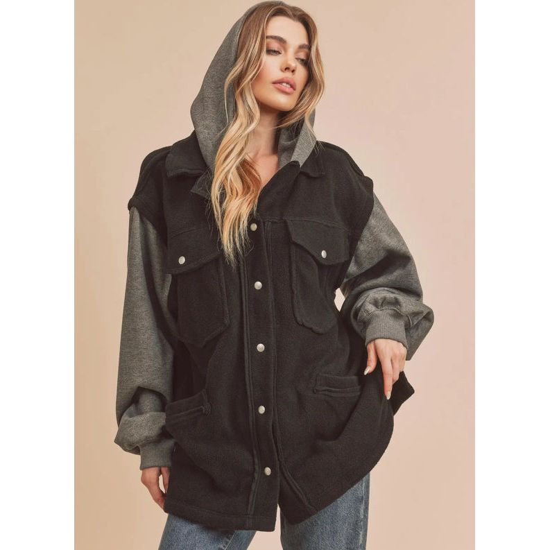Hooded Fleece Women's Jacket Outerwear Black and Grey