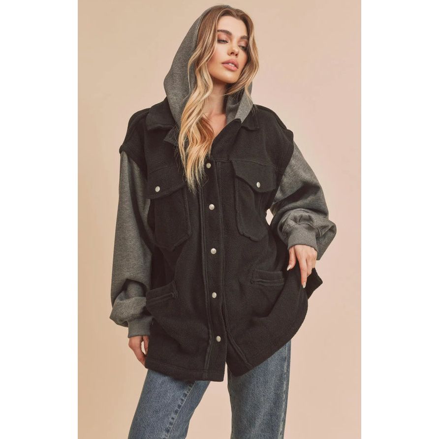 Hooded Fleece Women's Jacket Outerwear Black and Grey