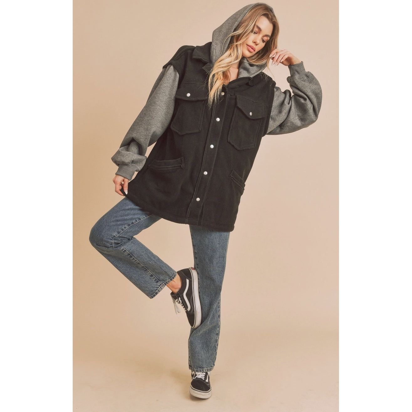 Hooded Fleece Women's Jacket Outerwear Black and Grey