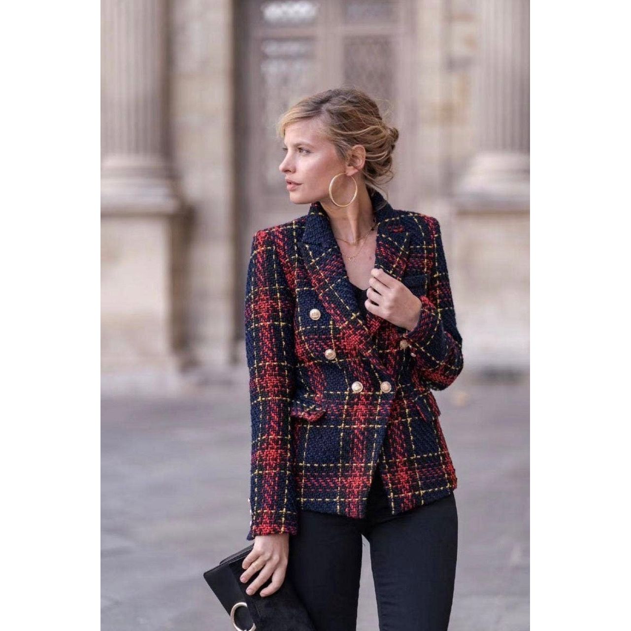 Top Coat Womens Jacket French Slim Fit Tweed Blazer Checkered Jacket Coat