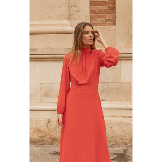 Chic Open Back Pleated High Neck, Long Sleeve Midi Dress