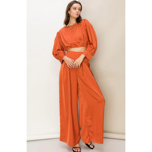 Women's Tie-back Long-sleeve Cropped Top and Wide-leg Pants Set